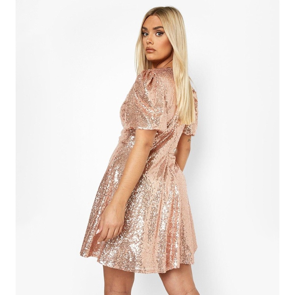 Boohoo NWT Sequin Puff Sleeve Skater Dress Champagne Rose Gold Plus Size 16 - Picture 13 of 14
